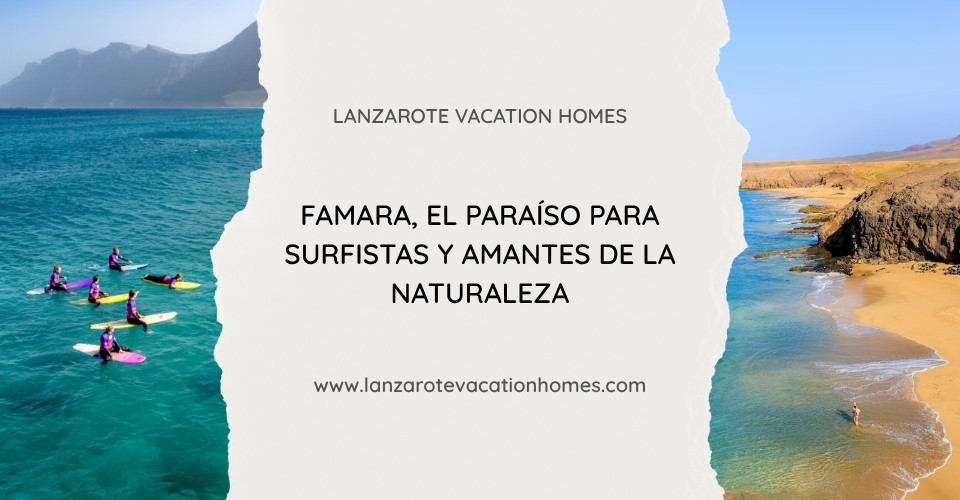 Surfistas en Playa de Famara, Lanzarote, con el Risco de Famara y paisaje natural volcánico.